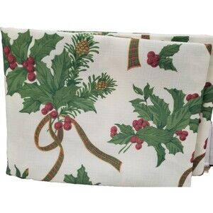 Fabric Linen Tablecloth 60"x84" Oblong, CHRISTMAS HOLLY BERRIES & RIBBONS, DG